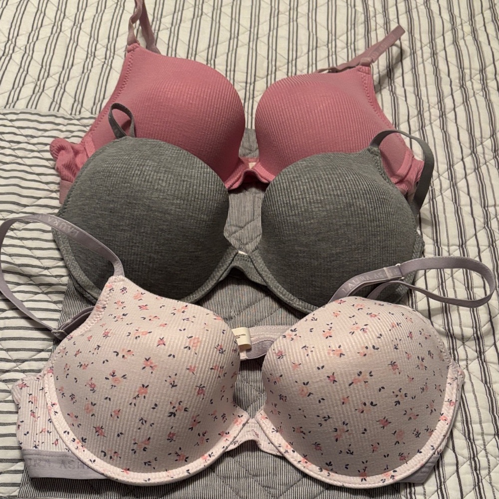 Laura Ashley Pink, Gray, and Floral Bra Trio Sz 36 C